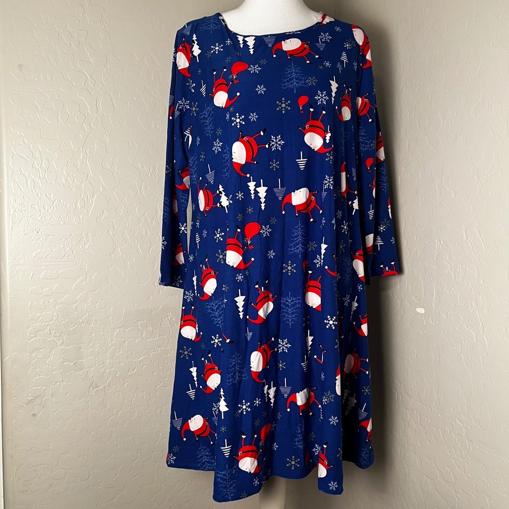 St John's Bay Womens Blue Christmas Santa Snowflake Swing Dress Large L